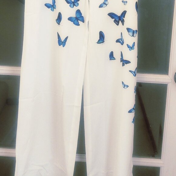 White Butterfly Print Jumpsuit – Size S (Fits Like XS) – Wide Leg, Button Straps - Picture 3 of 8